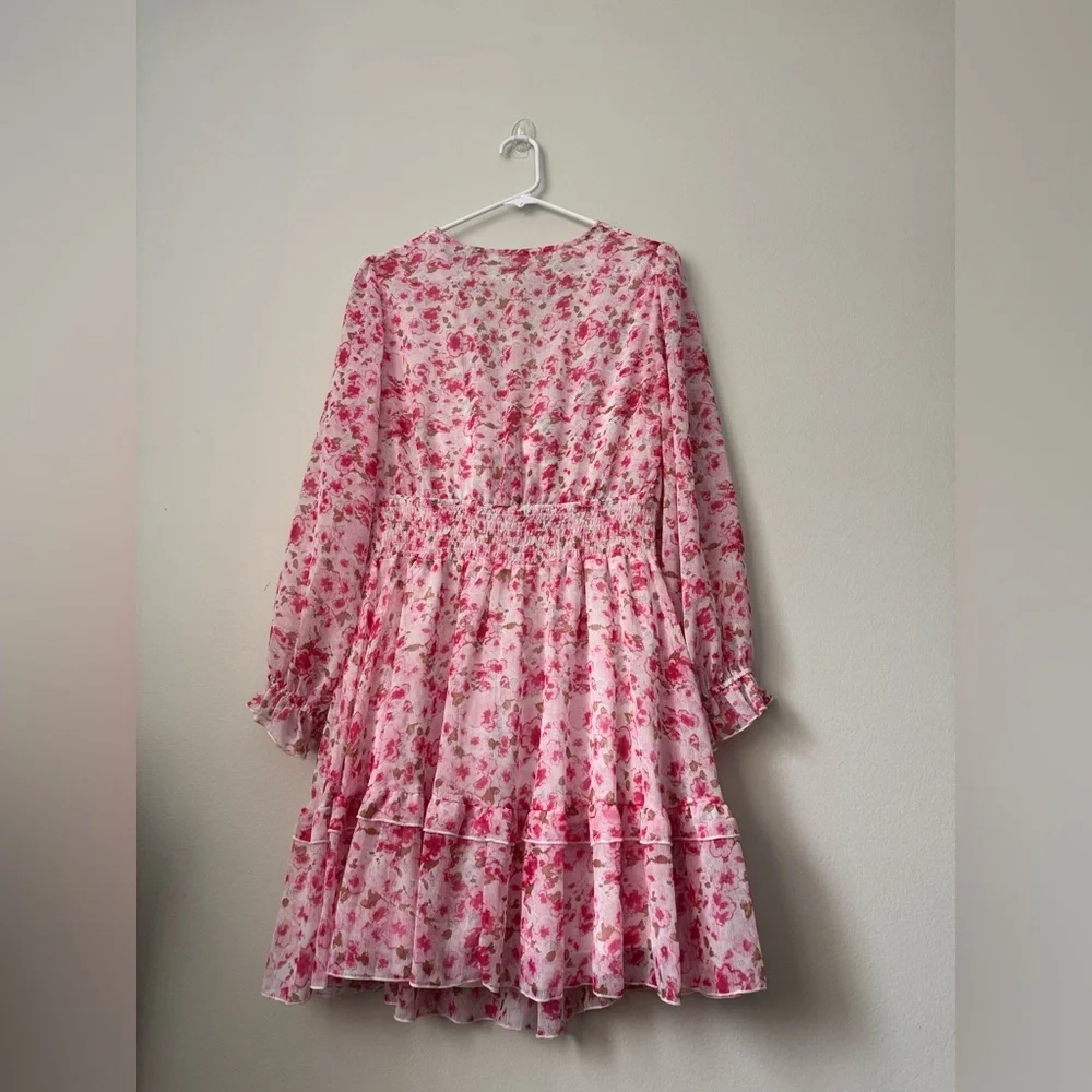 Pink Deep V-Neck Lantern Sleeve Knotted Tired Mini Dress Pink Size L - Picture 6 of 9